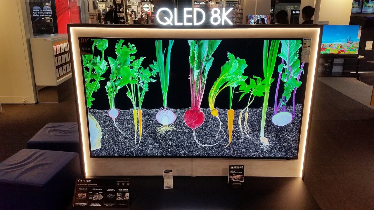 Large Samsung QLED television on display in a store