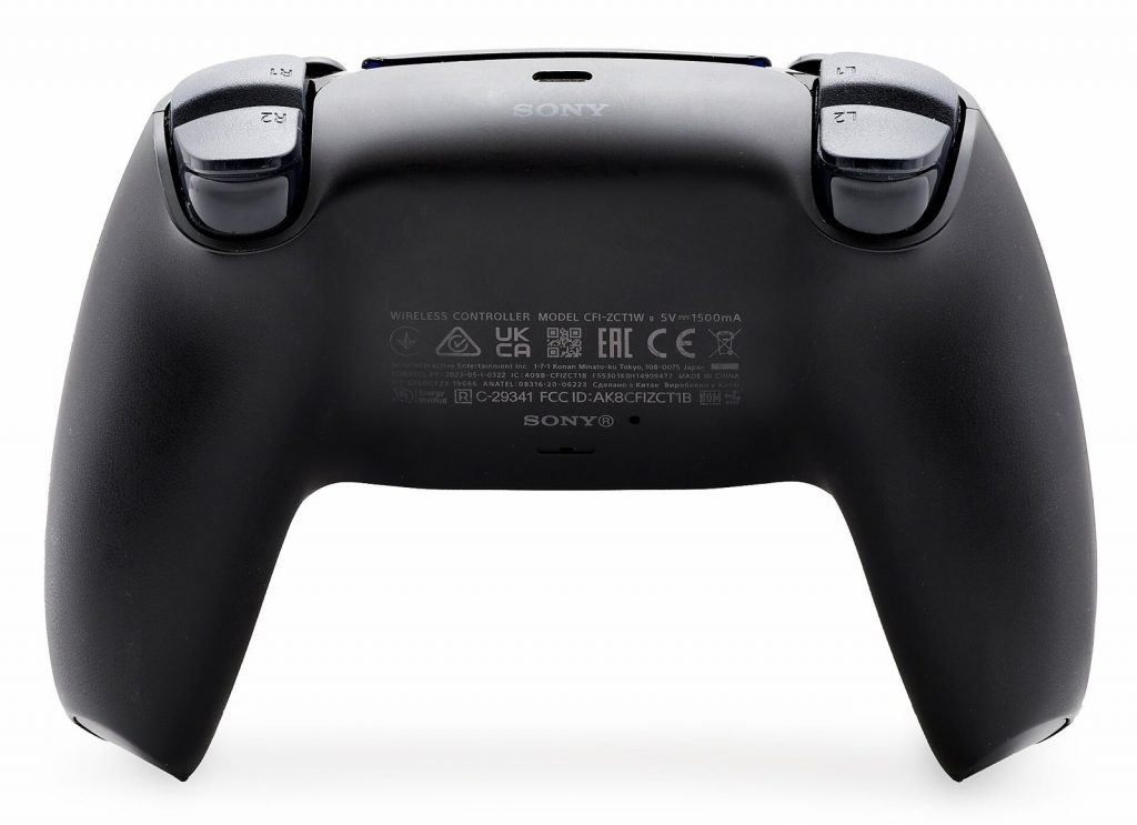 Rear view of a black DualSense showing the L2 and R2 triggers