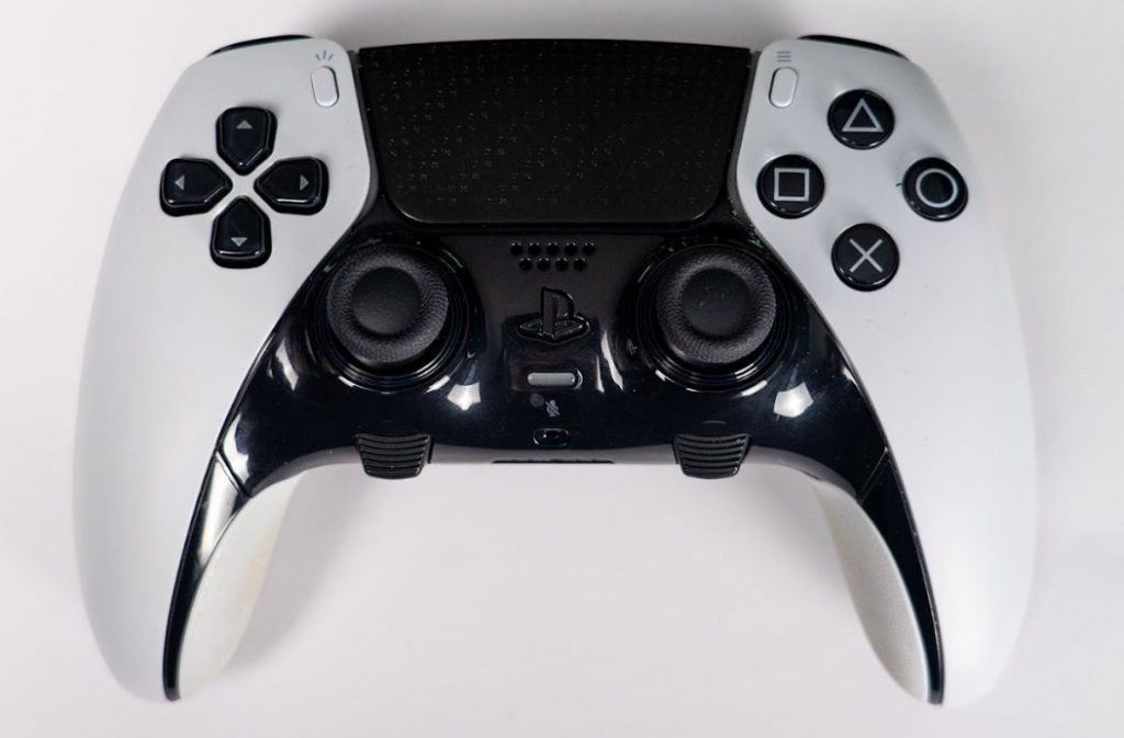 White and black DualSense Edge controller seen from above