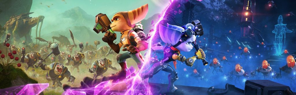 Ratchet and Rivet in a colorful scene from Ratchet & Clank: Rift Apart