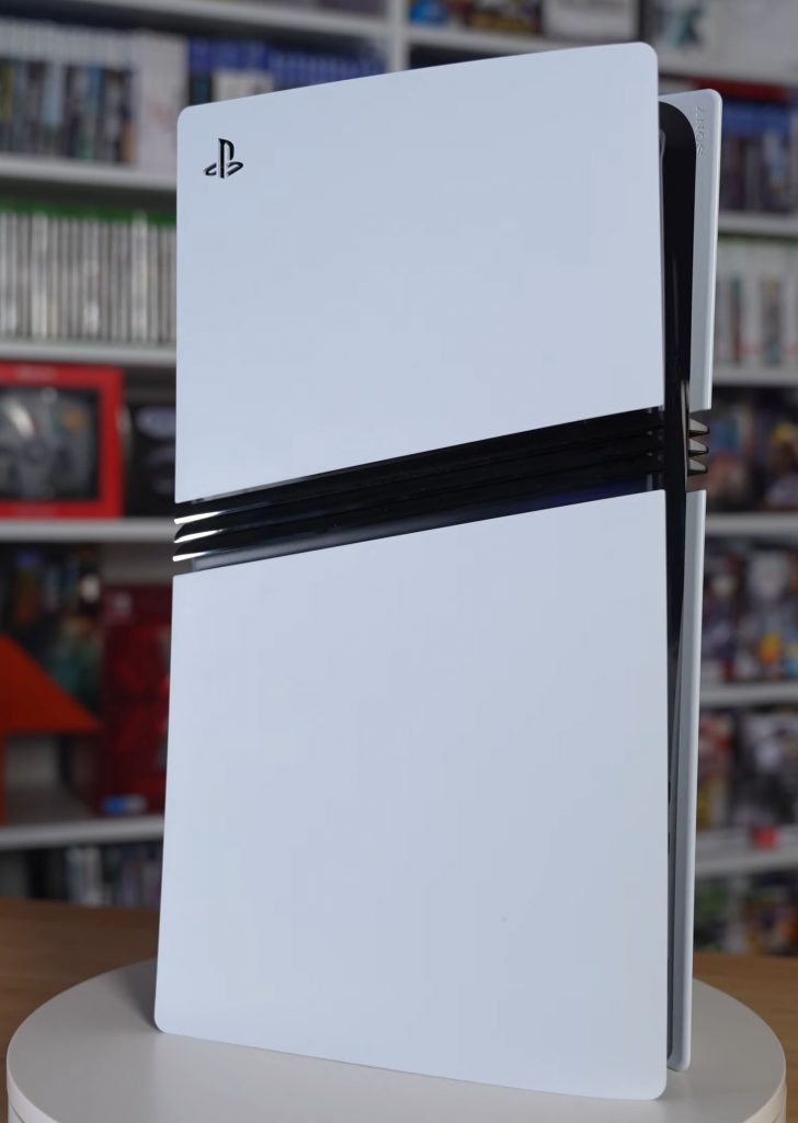 Side view of a white PS5 Pro without the optional disc drive