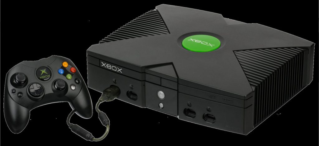 Black original Xbox console with a controller
