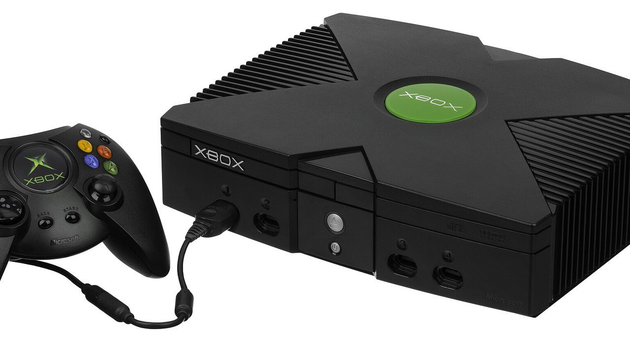 Black original Xbox console with the large Duke controller