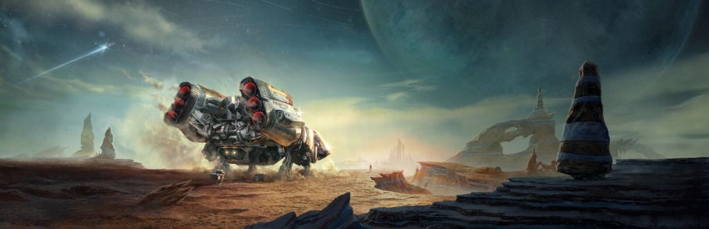 Starfield key art with an astronaut and spacecraft