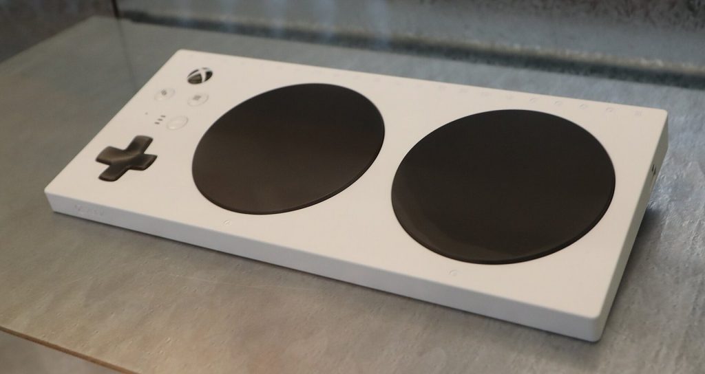 White Xbox Adaptive Controller with two large black buttons